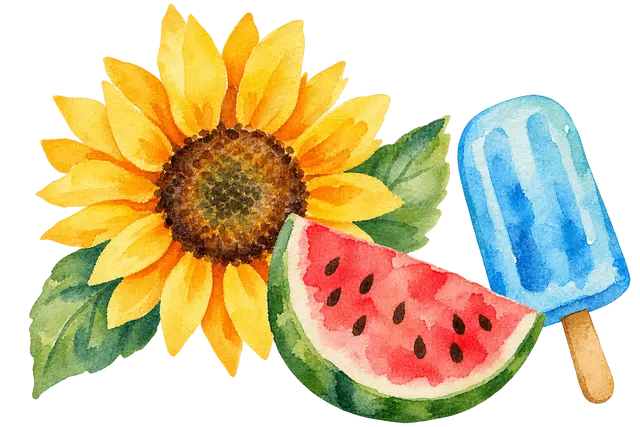 8月のひまわりとすいかとアイスイラスト