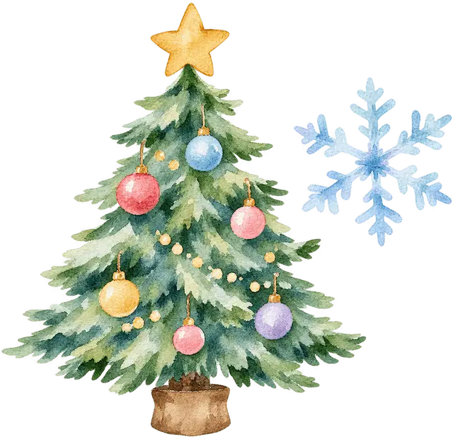 12月のクリスマスツリーと雪イラスト