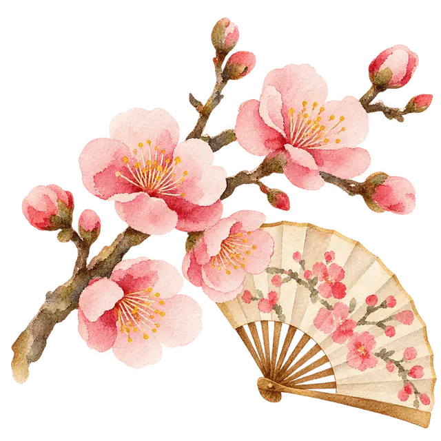 3月の梅の花と扇イラスト