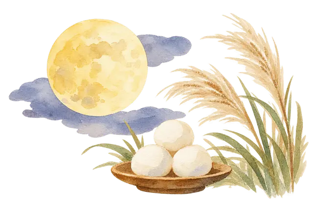 9月の月見団子とすすきと月イラスト