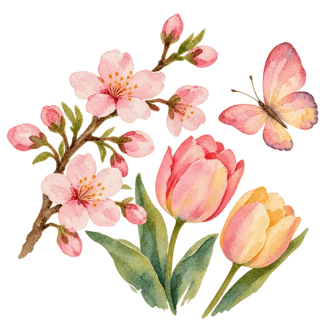 春の春の花とちょうちょイラスト