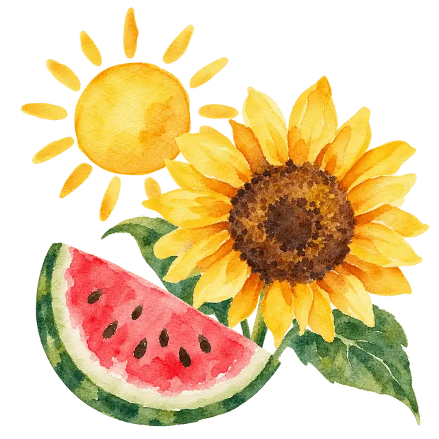 夏の夏のひまわりとすいかイラスト
