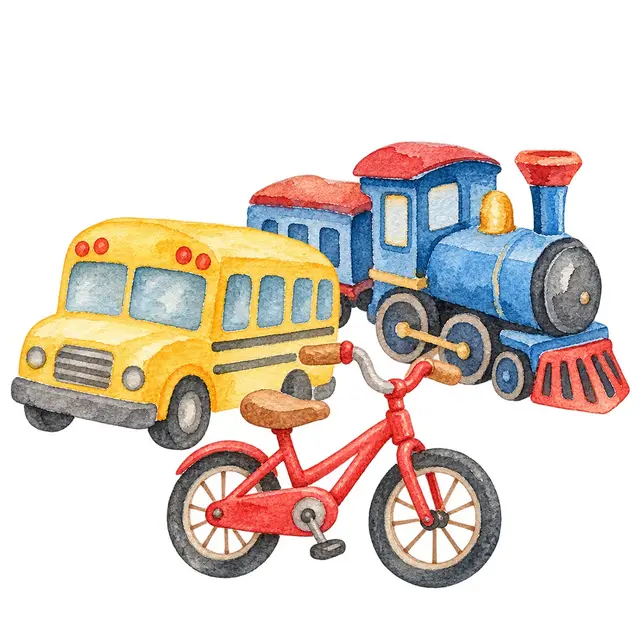 乗り物のバスと電車と自転車イラスト
